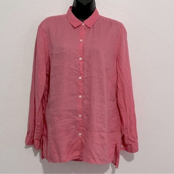 J Jill Linen Pink Essential Button Down Oversized Tunic Split Hem Top M - Picture 2 of 10